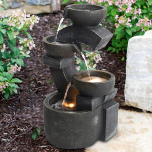 C Shaped Outdoor Fountain Garden Patio Water Feature LED Light Cascade Bowl