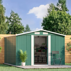 6′ x 8’/8′ x 8’/10′ x 8′ ft Garden Steel Shed with Gabled Roof Top Black and Green
