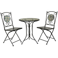 2 Seater Garden Wrought Iron Bistro Set with Blue Mosaic