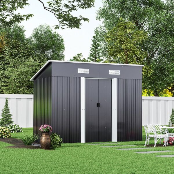 4' x 6' ft / 4' x 8' ft Garden Shed with Skillion Roof Top Steel Black/Green