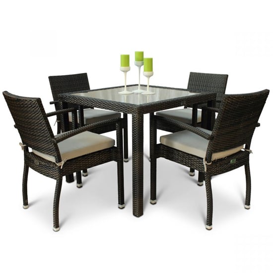 Arlo Rattan Square Dining Table And 4 Armchairs In Black Brown