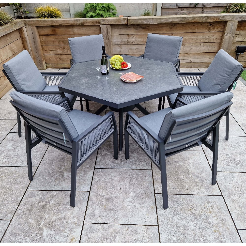 Bessie Glass Top Garden Hexagon Dining Set With 6 Chairs In Grey