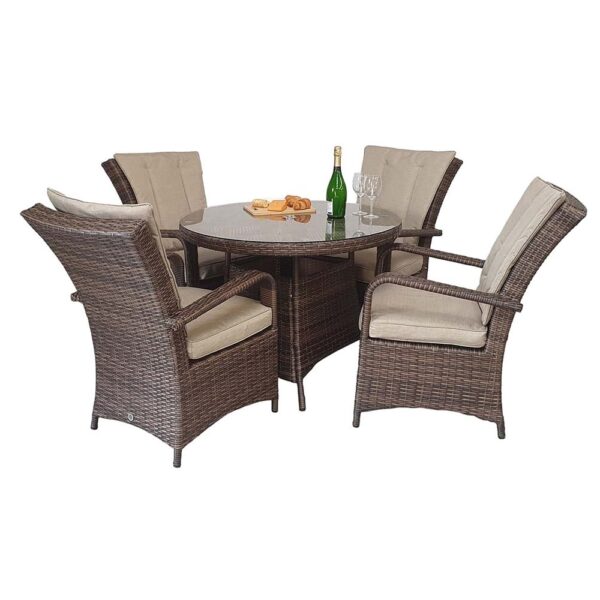 Fetsa Glass Top Garden Round Dining Set With 4 Chairs In Brown
