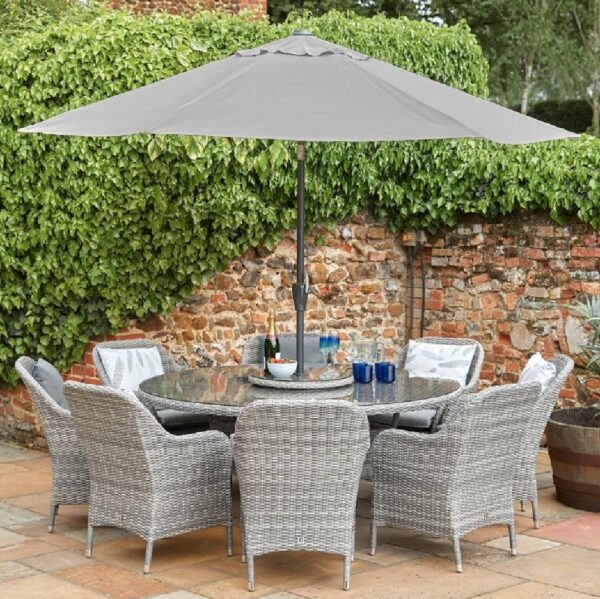 Marfa Glass Top Garden 8 Seater Dining Set With Parasol In Stone