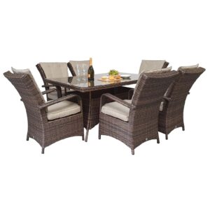 Fetsa Glass Top Garden Dining Set With 6 Chairs In Brown