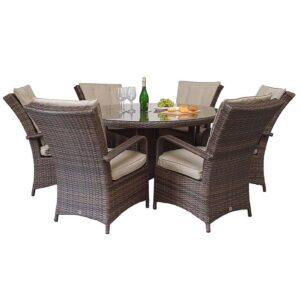 Fetsa Glass Top Garden Round Dining Set With 6 Chairs In Brown