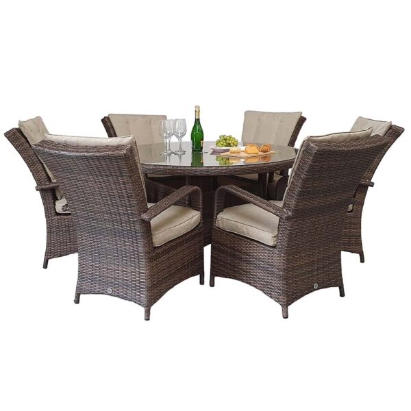 Fetsa Glass Top Garden Round Dining Set With 6 Chairs In Brown