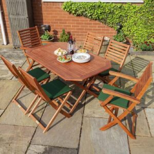 Putey Wooden Garden Dining Set With Green Cushions In Honey Brown