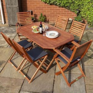 Putey Wooden Garden Dining Set With Grey Cushions In Honey Brown