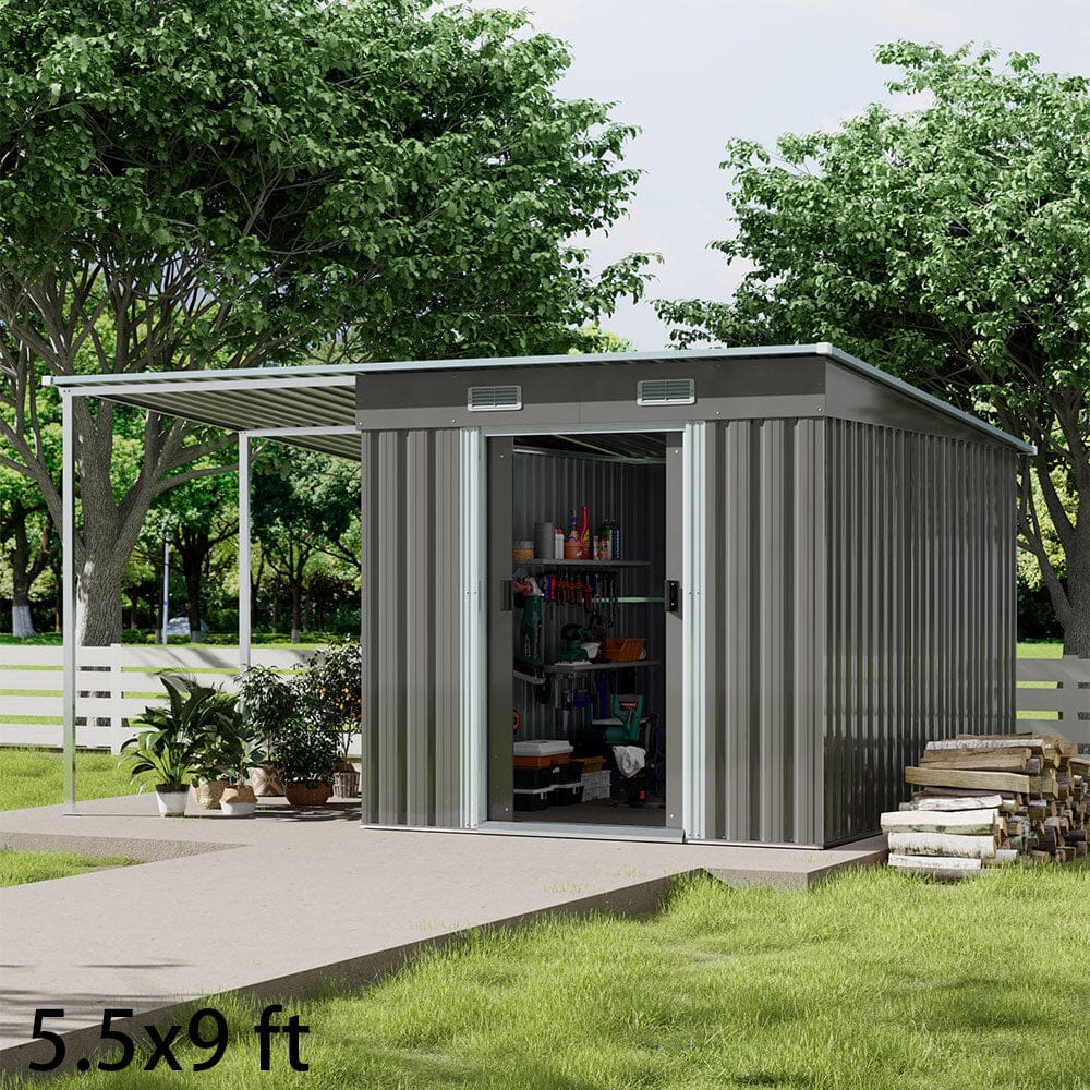 5.5x3.5 ft/ 5.5x5.5 ft/ 5.5x7.5 ft/ 5.5x9 ft Metal Pent Roof Outdoor Storage Shed with Lean-to