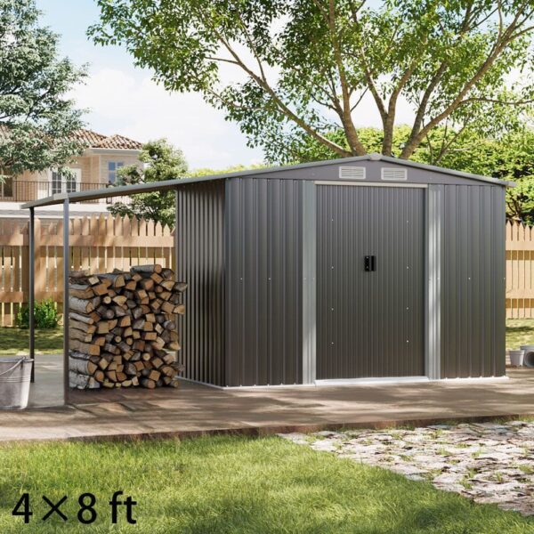 8×8ft/ 10×8ft Metal Grey Outdoor Storage Shed with Lean-to