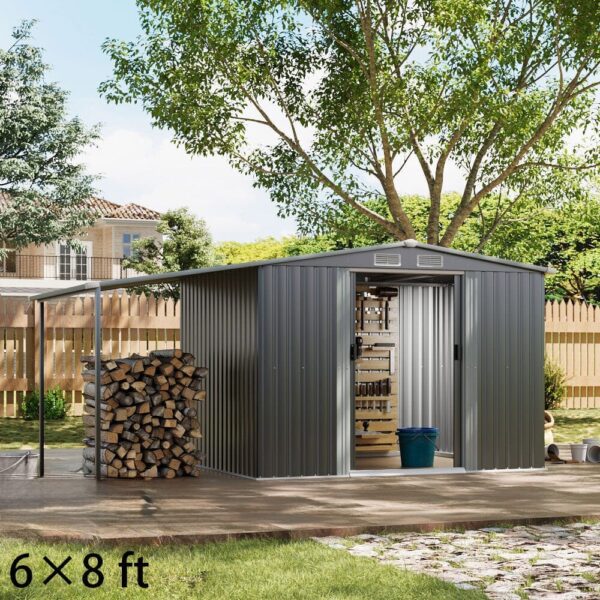 8×8ft/ 10×8ft Metal Grey Outdoor Storage Shed with Lean-to