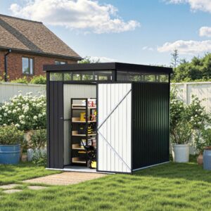 2×2.6x2m/1.6×2.6x2m/2.6x3x2m/4x3x2m Charcoal Black Galvanized Steel Storage Shed with Double/Single Lockable Doors
