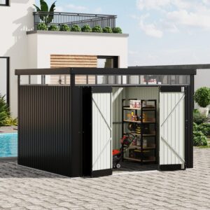 2×2.6x2m/1.6×2.6x2m/2.6x3x2m/4x3x2m Charcoal Black Galvanized Steel Storage Shed with Double/Single Lockable Doors