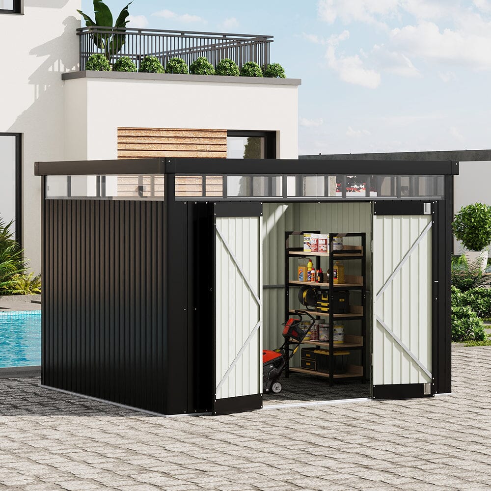 2x2.6x2m/1.6x2.6x2m/2.6x3x2m/4x3x2m Charcoal Black Galvanized Steel Storage Shed with Double/Single Lockable Doors