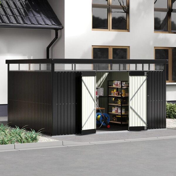 2x2.6x2m/1.6x2.6x2m/2.6x3x2m/4x3x2m Charcoal Black Galvanized Steel Storage Shed with Double/Single Lockable Doors