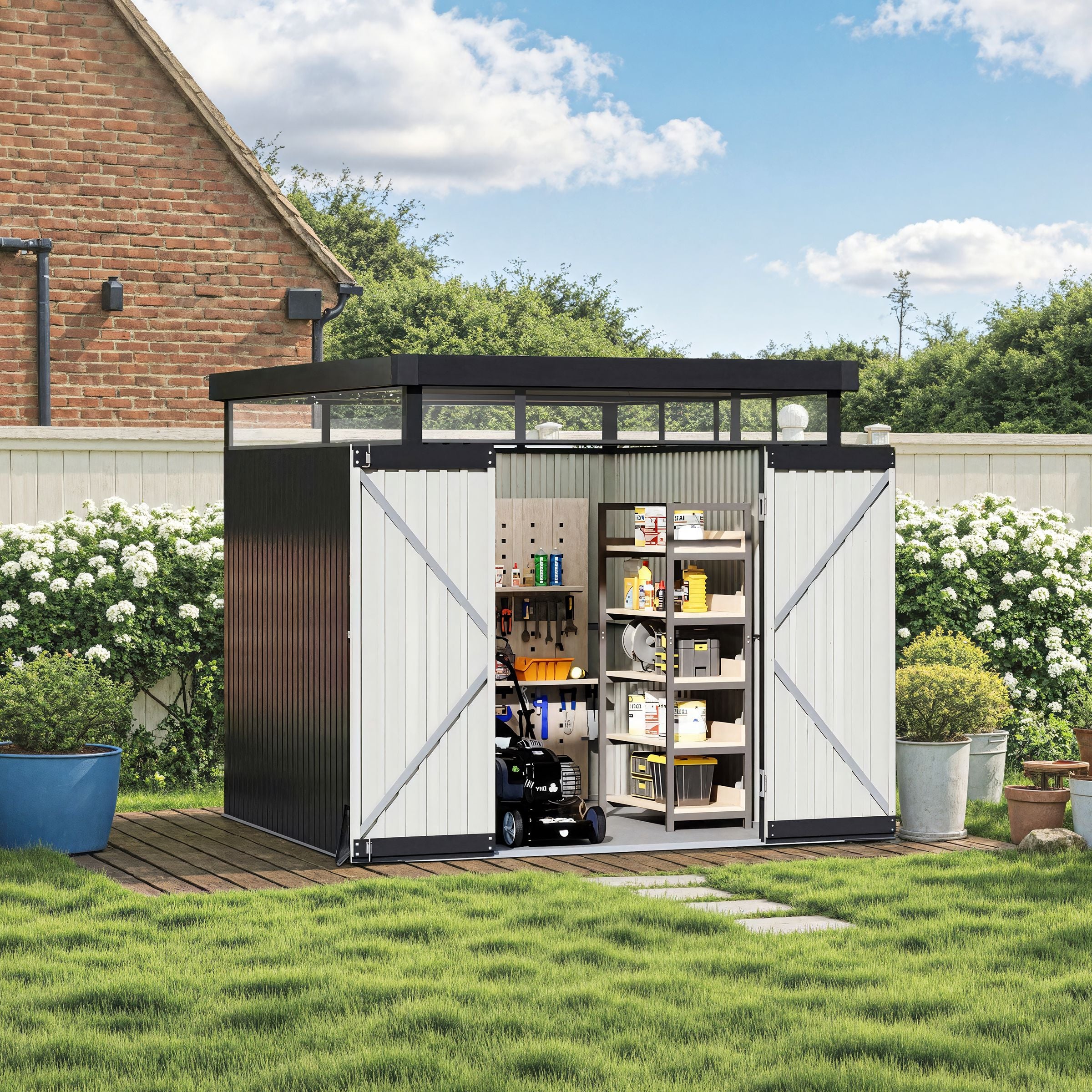 2x2.6x2m/1.6x2.6x2m/2.6x3x2m/4x3x2m Charcoal Black Galvanized Steel Storage Shed with Double/Single Lockable Doors