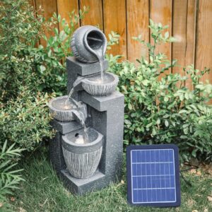 4-Tier Cascade Bowls Pots LED Water Fountain Garden Waterfall with Pump Solar Power – 2 Units