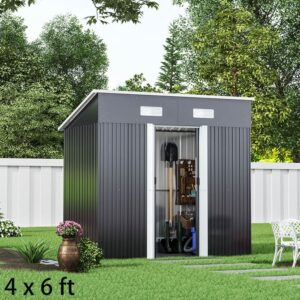 4 x 6 ft / 4 x 8 ft Steel Garden Shed with Skillion Roof Top Steel Black/Green – Black / 4′ x 6′ ft
