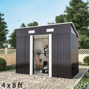 4 x 6 ft / 4 x 8 ft Steel Garden Shed with Skillion Roof Top Steel Black/Green – Black / 4′ x 8′ ft