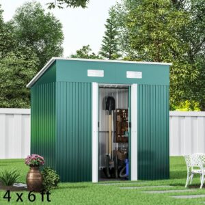 4 x 6 ft / 4 x 8 ft Steel Garden Shed with Skillion Roof Top Steel Black/Green – Green / 4′ x 6′ ft