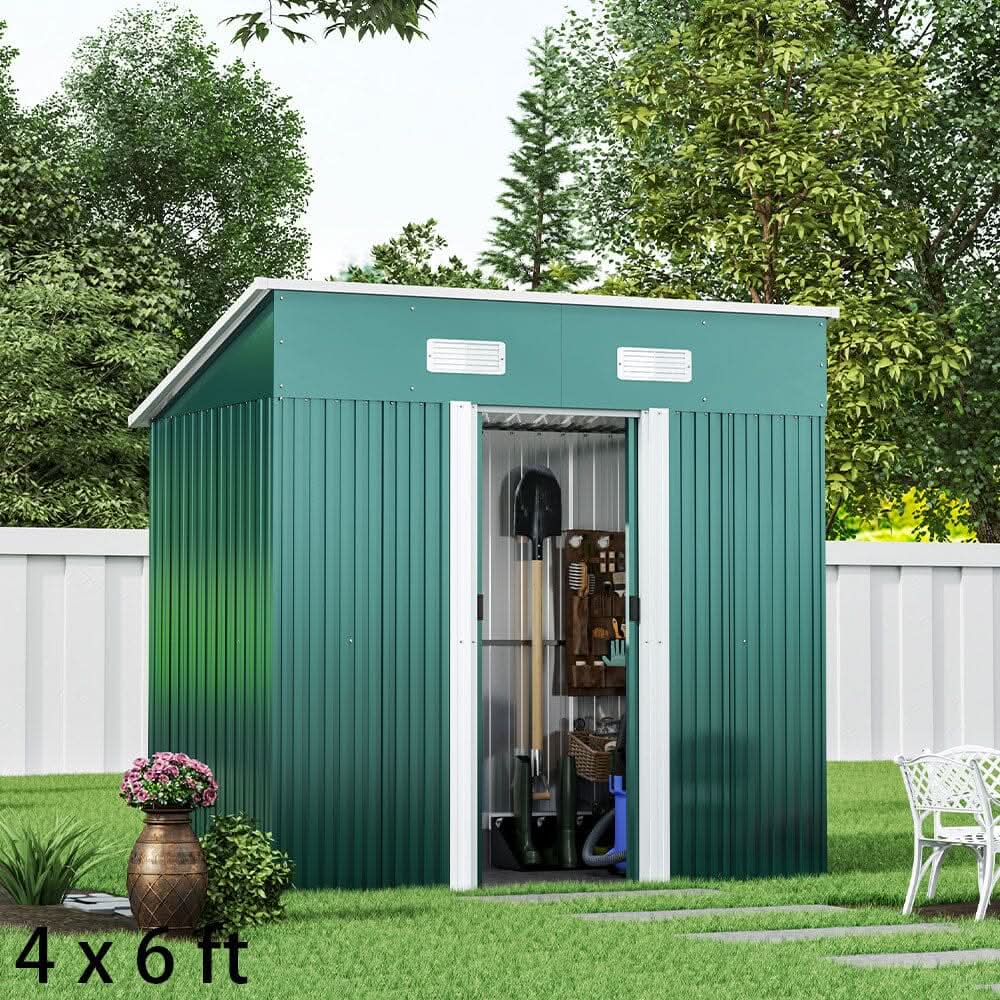 4 x 6 ft / 4 x 8 ft Steel Garden Shed with Skillion Roof Top Steel Black/Green - Green / 4' x 6' ft