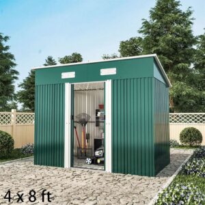 4 x 6 ft / 4 x 8 ft Steel Garden Shed with Skillion Roof Top Steel Black/Green – Green / 4′ x 8′ ft