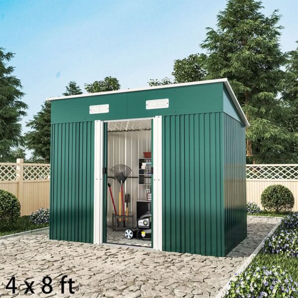 4 x 6 ft / 4 x 8 ft Steel Garden Shed with Skillion Roof Top Steel Black/Green - Green / 4' x 8' ft