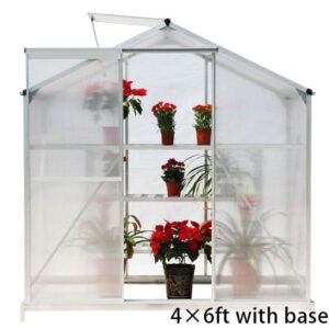 4x6ft/ 6x6ft/ 8x6ft/ 10x6ft Silver Aluminum Framed Greenhouse with Vent – 4′ x 6′ ft / With base frame