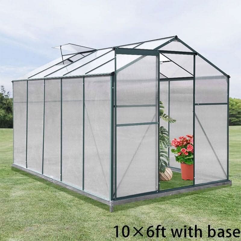 4×6 ft/ 6×6 ft/ 8×6 ft/ 10×6 ft Garden Greenhouse Green Framed with Vent - 10' × 6' ft / With Base