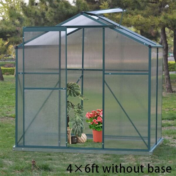 4×6 ft/ 6×6 ft/ 8×6 ft/ 10×6 ft Garden Greenhouse Green Framed with Vent - 4' × 6' ft / Without Base