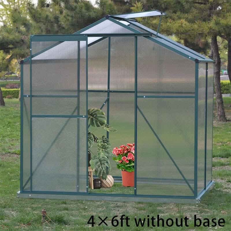 4×6 ft/ 6×6 ft/ 8×6 ft/ 10×6 ft Garden Greenhouse Green Framed with Vent - 4' × 6' ft / Without Base