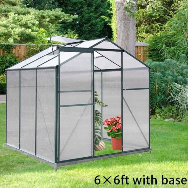 4×6 ft/ 6×6 ft/ 8×6 ft/ 10×6 ft Garden Greenhouse Green Framed with Vent - 6' × 6' ft / With Base