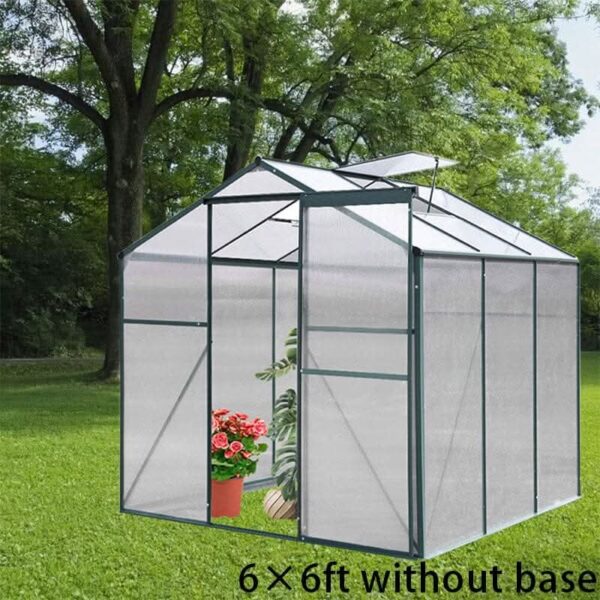 4×6 ft/ 6×6 ft/ 8×6 ft/ 10×6 ft Garden Greenhouse Green Framed with Vent - 6' × 6' ft / Without Base