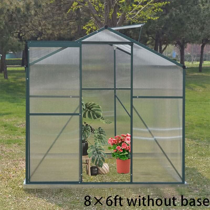 4×6 ft/ 6×6 ft/ 8×6 ft/ 10×6 ft Garden Greenhouse Green Framed with Vent - 8' × 6' ft / Without Base
