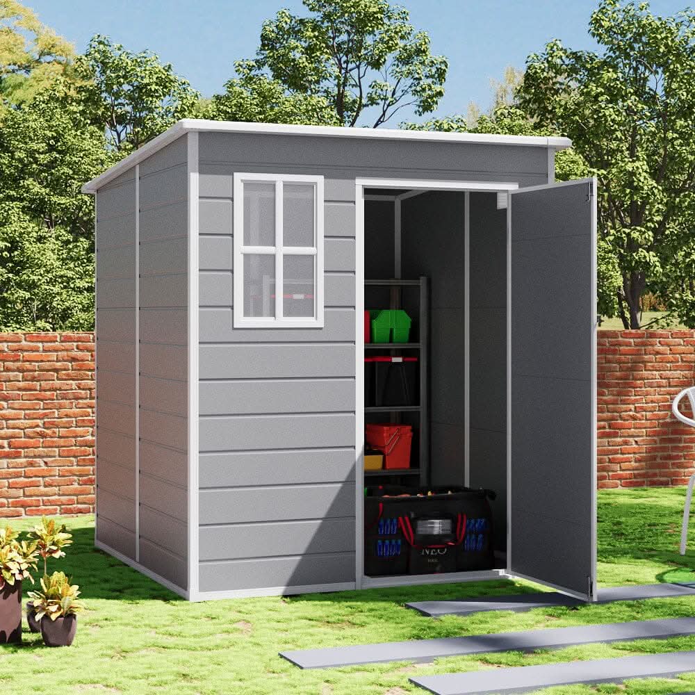 6x6ft PP Durable Storage Shed with Pent Roof, Window, and Vent (Ver.2) - Dark Gray Wood Grain (Pre-Order)