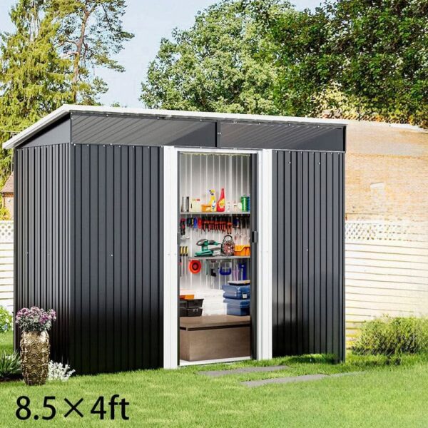 8.5X4ft/ 8.5X6ft Metal Garden Bike Sheds Storage Shed with Lockable Sliding Doors - 8.5X4ft