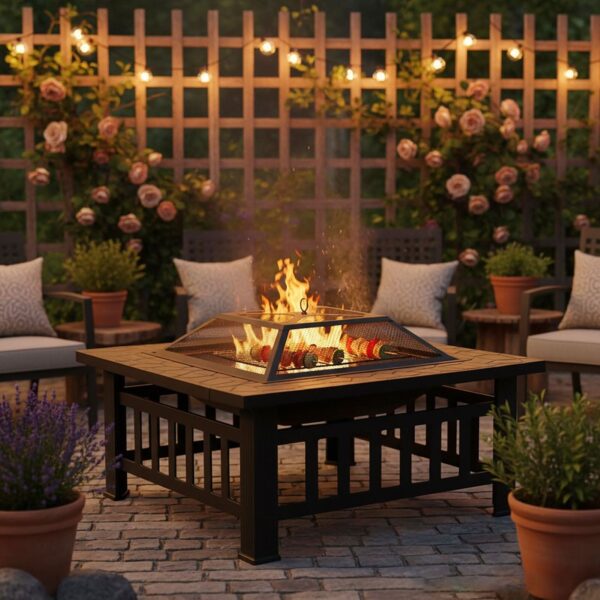 80cm Portable Square Fire Pit & BBQ Grill | Garden Fire Bowl for Camping & Patio