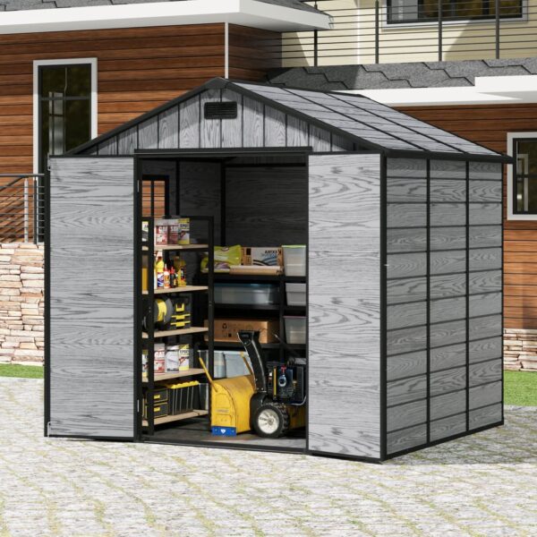 8x6ft / 8x8ft Plastic Outdoor Apex Roof Tool Shed with Dual-door (Ver.2) - 8x6ft / Dark Gray Wood Grain
