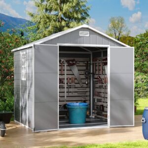 8x6ft / 8x8ft Plastic Outdoor Apex Roof Tool Shed with Dual-door (Ver.2) – 8x6ft / Grey