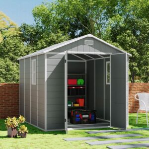 8x6ft / 8x8ft Plastic Outdoor Apex Roof Tool Shed with Dual-door (Ver.2) - 8×8ft / Grey