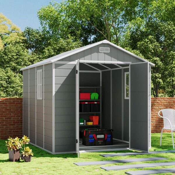8x6ft / 8x8ft Plastic Outdoor Apex Roof Tool Shed with Dual-door (Ver.2) - 8×8ft / Grey