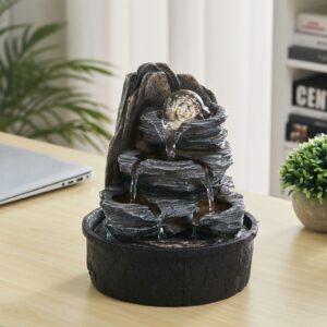 Tiered Rock Cascading Tabletop Water Fountain with LED Crystal Ball – 1 Unit