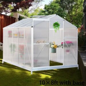 4x6ft/ 6x6ft/ 8x6ft/ 10x6ft Silver Aluminum Framed Greenhouse with Vent – 10′ x 6′ ft / With base frame