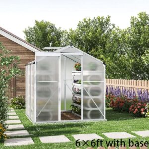 4x6ft/ 6x6ft/ 8x6ft/ 10x6ft Silver Aluminum Framed Greenhouse with Vent – 6′ x 6′ ft / With base frame