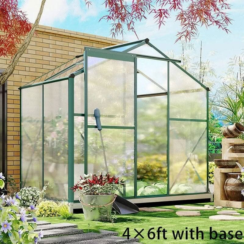 4×6 ft/ 6×6 ft/ 8×6 ft/10' x 6' ft Garden Greenhouse Green Framed with 2 Vents Rain Gutter Setting - With Base / 4' × 6' ft