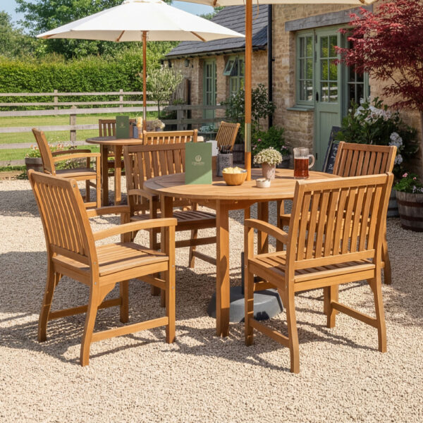 Helena Outdoor Round Solid Acacia Wood Dining Table with 4 Armchairs in Brown